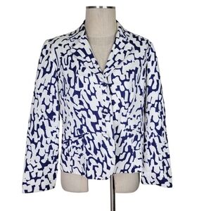 Chicos Blazer Size 1 M 8 Blue White 3 Button Slit Bracelet Cuffs Pockets Cotton